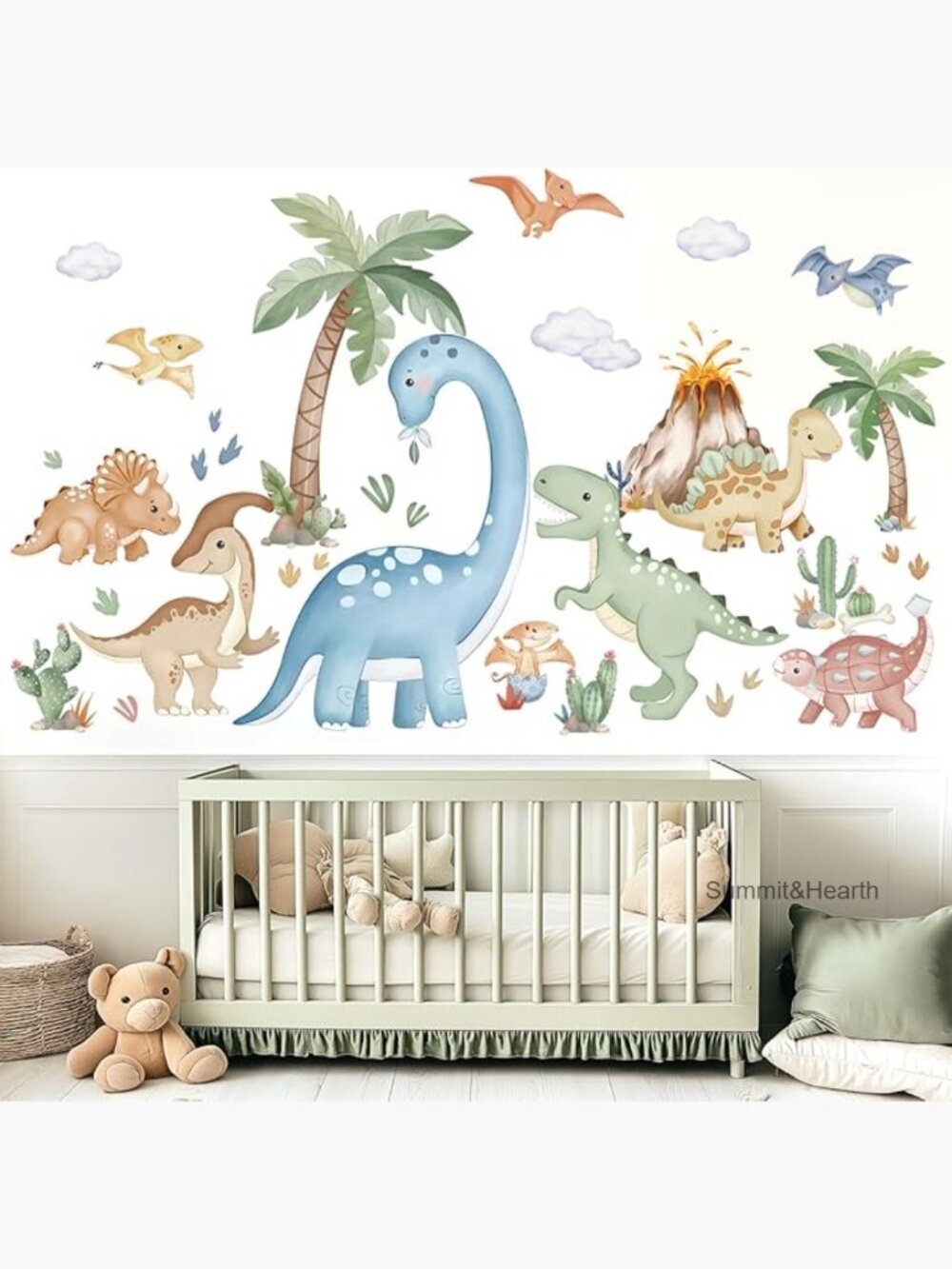 Large Watercolor Dinosaur Wall Decal Set, Peel and Stick Nursery Decor